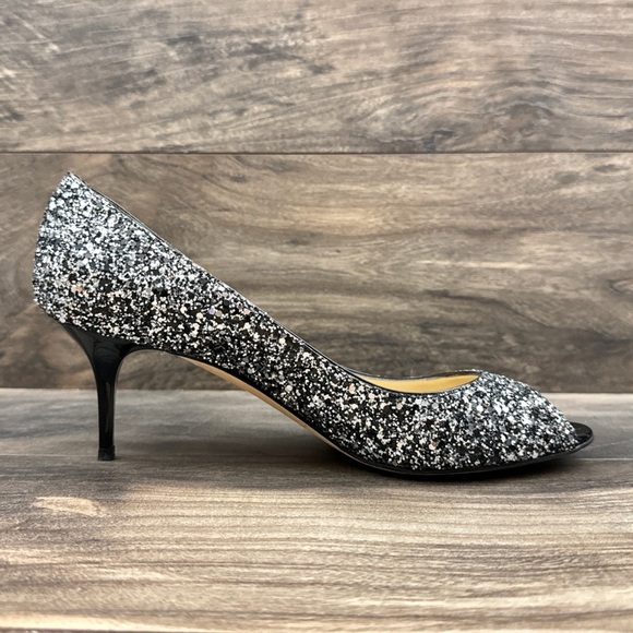 Jimmy Choo Isabel Coarse Glitter Fabric Silver/Black peep toe kitten heel EU 38 - Picture 7 of 14
